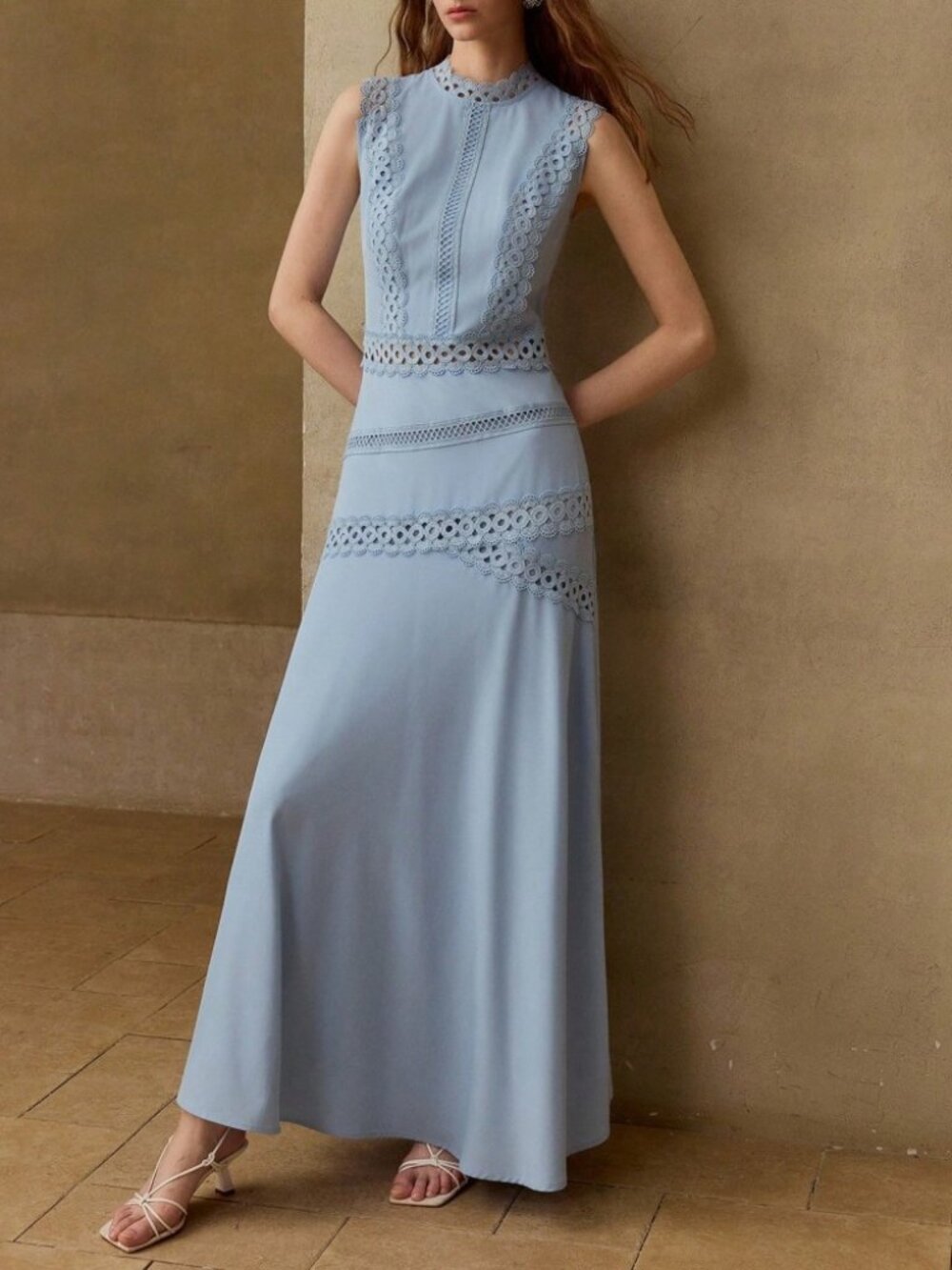 Dusty Blue Crochet Lace Trim Sleeveless Maxi Dress